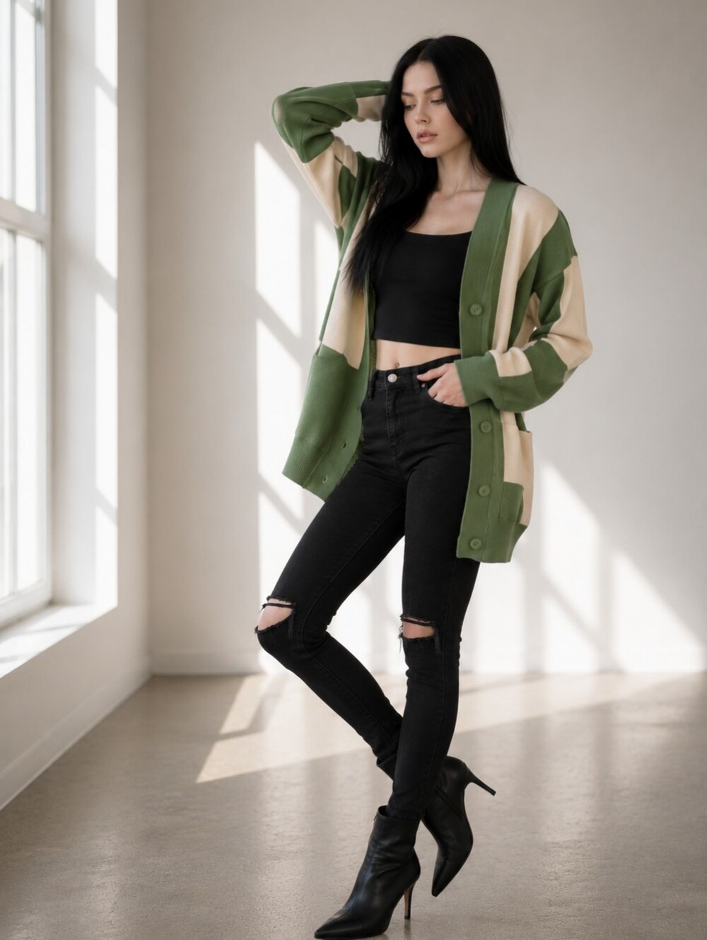 EUC Promesa Size Large Green & Cream Oversized Colorblock Cardigan!